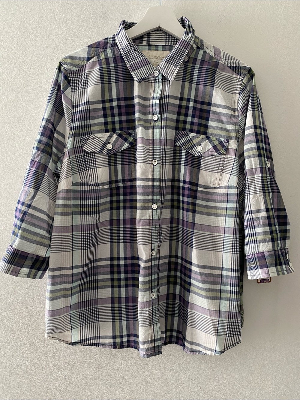 Sonoma Women’s Plaid Button-Down Shirt in Purple, Green and White NWT